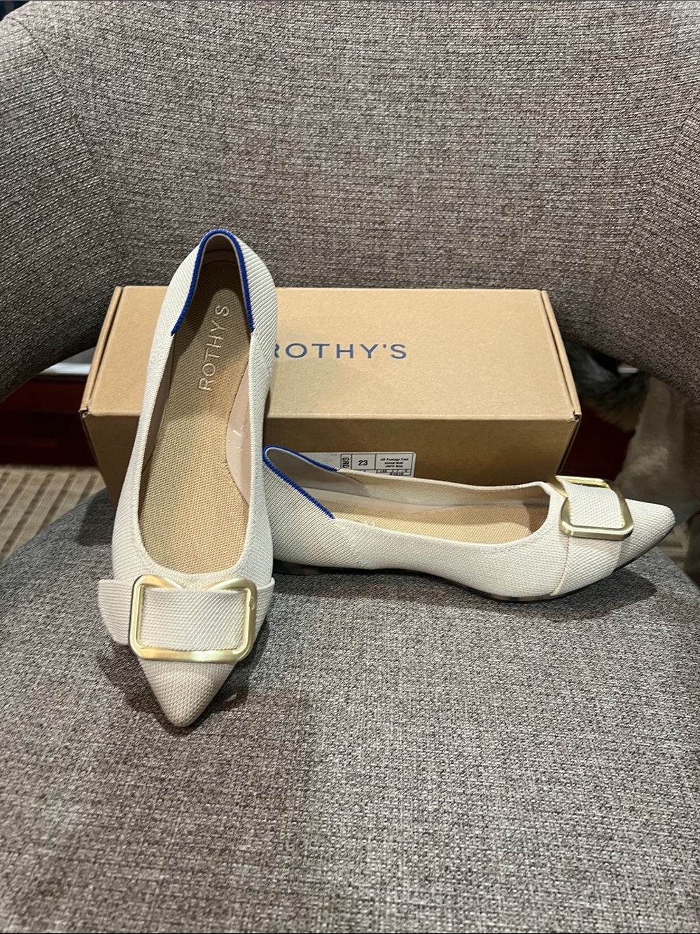 Rothy's Ivory Pointed Toe Flat with Gold Buckle